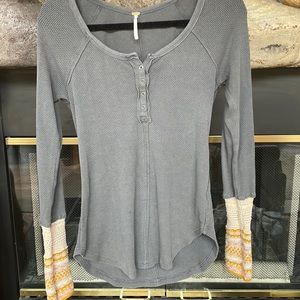 Free people grey waffle shirt, size M, crochet sleeve accents